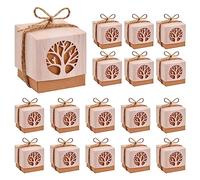 Pinsheng 50 Pcs Cajas de Regalo Papel Kraft, 5 * 5 * 5 cm Cajitas de Papel Kraft Dulces Cajas de Regalo de Boda Forma del árbol de la Vida con Cuerda para Boda Fiesta Cumpleaños