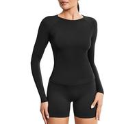 PINSPARK Camiseta Deportiva para Mujer, Camiseta Deportiva para Gimnasio, Fitness, Correr, Yoga, Cuello Redondo, Ligera, Transpirable, Camiseta Deportiva de Invierno, Negro, L