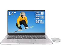 PINSTONE - Ordenador portátil de 14 pulgadas, 2 núcleos (hasta 2,6 GHz) • 6 GB RAM • 128 GB SSD • WiFi 5G • Mini HDMI • Diseño sin ventilador PC portátil • Acabado plateado, ligero + ratón incluido