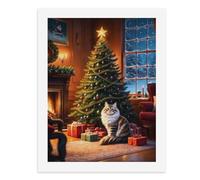 Pinta por números: una acogedora escena navideña con un árbol bellamente decorado y un gato esponjoso sentado junto a la chimenea, kit de pintura digital para adultos, crea tu propia escena mágica