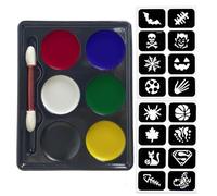 Pintacaras infantil Kit de 6 Colores con 1 Pincel y 16 Plantillas, Pinturas Cara para Niños Lavables Hipoalergénico No Tóxica para Halloween, Carnaval Adultos y Niños Maquillaje Corporal Seguro