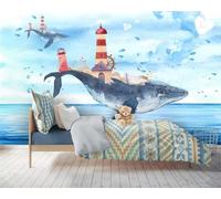 Pintado A Mano Arte Ballena Faro Azul Peces De Mar 3D Papel Pintado Pared Fácil Instalación Oficina Sala Estar Sofá Dormitorio TV Fondos Decoración-250cm×170cm