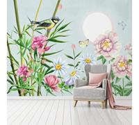 Pintado A Mano Hermosas Flores De Color Rosa Mariposa De Bambú 3D Papel Pintado Pared Fácil Instalación Oficina Sala Estar Sofá Dormitorio TV Fondos Decoración-200cm×140cm