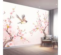 Pintado A Mano Plantas Flores De Durazno Pájaros Papel Pintado Salon 400 x 280 cm, Rosa Fotomurales 3D Tejido No Tejido Papel Tapiz Fotográfico Decorativos Murales Dormitorio Oficina Hotel