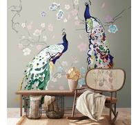Pintado Con Pavo Real Y Floral Patrón - Gris, Colorido, Azul, Verde, Rosa, Beige