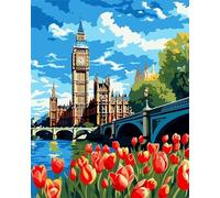 Pintar por Numeros Adultos con Marco DIY Kit de Pintura al óLeo en Lienzo con Pinceles y Pigmento AcríLico Paint by Number Kits para Decoración del Hogar Puente del Big Ben de Londres,60x75 cm