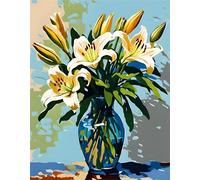 Pintar por Numeros Adultos con Marco DIY Kit de Pintura al óLeo en Lienzo con Pinceles y Pigmento AcríLico Paint by Number Kits para Decoración del Hogar Jarrón con ramo de lirios,50x65 cm