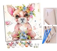 Pintar por números adultos Corona de flores de dibujos animados de bulldog francés DIY pintar por números, pinturas para niños, paint by numbers lienzos para pintar cuadros decoración (16" x 16")