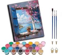 Pintar por Numeros Adultos,Flores de cerezo rosadas y vistas al mar desde la ventana. DIY Pintura por Numeros Cuadros para Pintar por Numeros Kit con Pinceles y Pinturas Acrilicos 40x50cm,sin marco