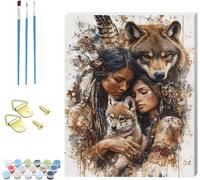 Pintar por Numeros Adultos Indios, Cuadros para Pintar por Numeros con Marco Lobo, DIY Manualidades Adultos Kit con 3 Pinceles, Paint by Numbers Adult para Decoración Hogar Regalo 20x30cm 0-1583