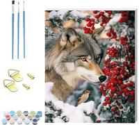 Pintar por Numeros Adultos Lobo, DIY Pintar por Numeros con Marco Escena De Nieve, Manualidades Adultos Kit con 3 Pinceles, Paint by Numbers Adult para Decoración Hogar Regalo 20x30cm 0-7135