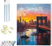Pintar por Numeros Adultos Puente De Brooklyn, DIY Pintar por Numeros con Marco Sunset, Manualidades Adultos Kit con 3 Pinceles, Paint by Numbers Adult para Decoración Hogar Regalo 60x80cm 7-2100