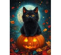 Pintar por Numeros Adultos Víspera de Todos los Santos,Pintar por Numeros Gato,Manualidades Lienzos para Paint by Numbers,DIY Kit con Pinceles Acrílico,Decoración de Pared del Hogar 60x80cm E1-905