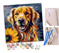 Pintar por Numeros golden retriever y girasol (13) Adultos Kit de Pintura al óleo de Lienzo DIY para con Pinceles Pigmento Acrílico 40 x 40cm (Sin Marco)