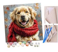 Pintar por Numeros Lindo perro golden retriever con bufanda (16) Adultos Kit de Pintura al óleo de Lienzo DIY para con Pinceles Pigmento Acrílico 40 x 40cm (Sin Marco)