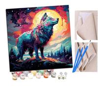 Pintar por Numeros Lobo lunar colorido (7) Adultos Kit de Pintura al óleo de Lienzo DIY para con Pinceles Pigmento Acrílico 40 x 40cm (Sin Marco)