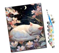 Pintar por numeros para Adultos Gato entre las flores bajo la luz de la luna. Cuadro de Pintura por números Adultos y para niños-Lienzo pre Dibujado con numeros para Pintar con Pinceles 40x50cm