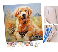 Pintar por Numeros Perro golden retriever feliz y mariposa (7) Adultos Kit de Pintura al óleo de Lienzo DIY para con Pinceles Pigmento Acrílico 40 x 40cm (Sin Marco)