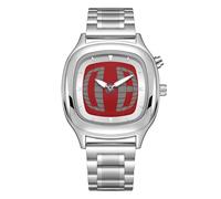 PINTIME Reloj de pulsera cuadrado retro de acero inoxidable para hombre, diseño único de cuadrícula 3D, reloj de cuarzo de moda con correa plateada, elegante para ocasiones casuales y formales, Rojo -