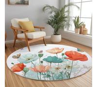 Pintura A La Acuarela Alfombra Redonda 80 cm Planta Flores Silvestres Amapolas Mariposas Antideslizante Lavable Alfombra Redonda, Antideslizante Suave para Dormitorio, Habitación Cocina Alfombras
