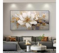 Pintura abstracta de flores de oro blanco sobre lienzo, arte de pared grande, carteles e impresiones florales minimalistas para decoración de sala de estar, 65 x 130 cm, sin marco