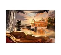 Pintura abstracta en lienzo, pósteres de paisajes de Punjab, imágenes del Templo Dorado, río bíblico, arte de pared, decoración para sala de estar (75 x 135 cm/sin marco)