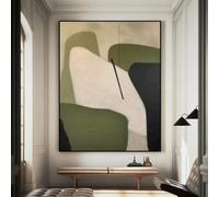 Pintura abstracta geométrica beige y verde, arte mural minimalista wabi-sabi, lienzo verde, decoración mural moderna verde (35x50cm)
