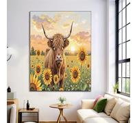 Pintura al Animales rurales Marrón amarillento, cuadro artístico de pared de Ganado de las Tierras Altas en un campo de girasoles para sala de estar, lienzo, póster de arte moderno,50 x 70 cm