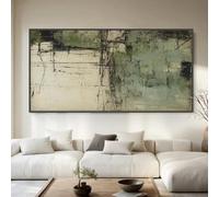 Pintura al óleo abstracta de bosque sobre lienzo, arte mural grande, paisaje de árbol verde, decoración de pared familiar (86 x 175 cm/34 x 69 pulgadas) con marco negro