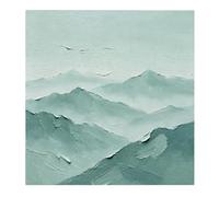 Pintura Al Óleo Abstracta De Paisaje Montañoso Brumoso En Tonos Verde Menta Suave Pintada A Mano Sobre Lienzo. Arte De Pared Wabi-Sabi Frío Y Tenue Sin Marco Ideal para Decoración De Casas De Ca
