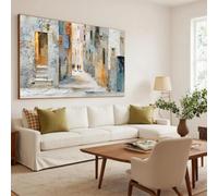 Pintura al óleo abstracta sobre lienzo: Paisaje del viejo barrio. Mural decorativo para pared o sala de estar (55 x 110 cm).