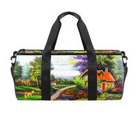 Pintura al óleo cabaña del bosque cisne y ciervo bolsa de gimnasio fitness entrenamiento bolsa de viaje bolsa de equipo para mujeres hombres, multicolor, 17.7x9x9 inches