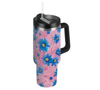 Pintura al óleo con flores azules retro al vacío, boca ancha, botella de agua de 40 onzas con tapa a prueba de fugas y pajilla, taza de café decorativa con tapa y asa para escuela, deportes, guardería