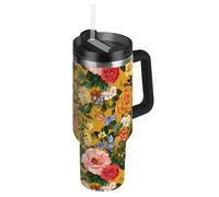 Pintura al óleo con flores retro coloridas al vacío, botella de agua reutilizable con pajilla, resistente a fugas, decorativa, taza de café extragrande para escuela, deportes, guardería, campamento y