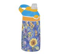 Pintura al óleo con girasoles amarillos retro botella de agua para niños con asa de tapa, taza portátil para niños, para escuela, deportes, guardería, campamento termo de agua Fria