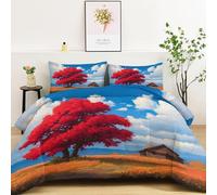 Pintura Al Óleo De Otoño Campos Arces Rojos Casa De Madera Edredón Sin Funda Cama 90 Reversible 150 x 200 cm Ligero y Cálido Edredón Acolchado, Azul Suave 4 Estaciones Lavable Esponjoso Edredones