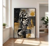 Pintura al óleo de un majestuoso leopardo en primer plano, arte abstracto de animales para pared, pósteres de vida silvestre, obra de arte para el hogar en dorado y negro (80x120cm/marco interno)