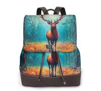 Pintura al óleo del bosque de alces para mujer, mochila de viaje a la moda, mochila casual, mochila de cuero estampada para mujer para el trabajo