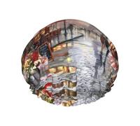 Pintura al óleo Escena de la calle de París Torre Eiffel Gorro de ducha impermeable de doble capa para mujer - Accesorio de baño duradero, liviano y portátil para cabello largo
