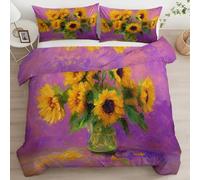 Pintura Al Óleo Funda Nordicas Cama 105 Planta Ramo De Girasoles Ropa de Cama, 200 x 200 cm para Niños Adultos, Púrpura Cremallera Suave Transpirable Fundas Nordicas y 2 Fundas de Almohada