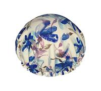 Pintura al óleo moderna flor azul Gorros de ducha para mujer Gorro de baño de ducha impermeable reutilizable Doble bLayers Gorro de baño de ducha elástico con forro de Peva suave y cómodo Gorro de p