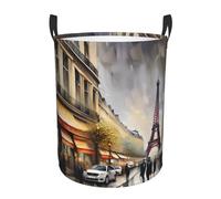Pintura al óleo París Street Scene Torre Eiffel impresión circular cesta de almacenamiento - Asas fáciles de transportar, perfecto para Navidad, cabe en cualquier habitación