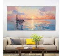 Pintura al óleo vintage con diseño de océano, impresiones artísticas en lienzo con amanecer y atardecer para una elegante decoración de pared del hogar, paisaje marino azul (50 x 90 cm)