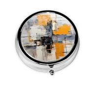 Pintura artística abstracta gris y amarilla. Este pequeño pastillero redondo impreso es un organizador portátil de píldoras y vitaminas, perfecto para bolsillos, bolsos y viajes.