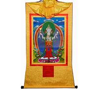 Pintura colgante de pergamino, imagen de pergamino de seda, pintura de pergamino de seda, Thangka tibetano, Avalokitesvara de cuatro brazos, Padmapani, Chenrezig(Unique Colour,Small(35cm*27cm))