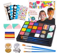 Pintura Corporal y Facial, 16 Colores Seguridad No Tóxica Pintura Facial, Kit de Pintura Facial con 36 Plantillas 3 Pinceles, Pintura de Cara para Niños Halloween Fiestas Cosplay Semana Santa