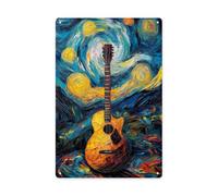 Pintura De Guitarra En Noche Estrellada, Patrón Clásico Al Óleo. Cartel De Metal Divertido Cartel De Chapa Resistente Y Duradera Placa Metálica para Granja Baño Taller 20X30Cm