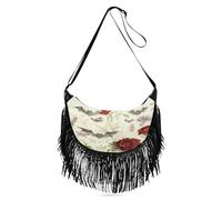Pintura de lavado de tinta con patrones de murciélagos y flores, bolsos diarios para mujer, bolsos cruzados neutros con flecos de moda para mujer, bolso de hombro mediano