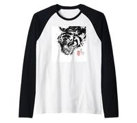 Pintura de Lavado de Tinta Sumi-e Japonesa con Cara de Tigre Feroz Camiseta Manga Raglan