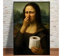 Pintura de Mona Lisa cubriéndose la nariz, caligrafía, lienzo, póster HD, arte de pared, decoración del hogar, pasillo, imágenes navideñas (70x90cm/sin marco)